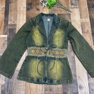 CJ Crest The Collection Acid Wash Blue Tan Denim Jacket